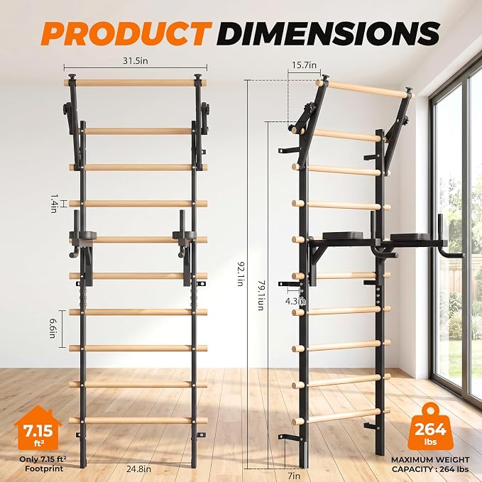 LIFERUN Swedish Ladder Wall Gym with Adjustable Pull-Up & Dip Bar | 92" Solid Beechwood, 264Lbs Capacity, Wall Mounted 9 Anchor Rods, Ideal for Home, School, Therapy & Gymnastics Training