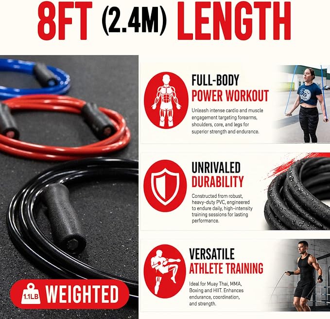 Elite Jumps Muay Thai 2.0 Weighted Jump Rope for MMA, 1.1 lbs, 8 ft | Heavy resistance rope for Muay Thai, MMA and boxing. Ball-bearing handles. Intermediate to advanced.