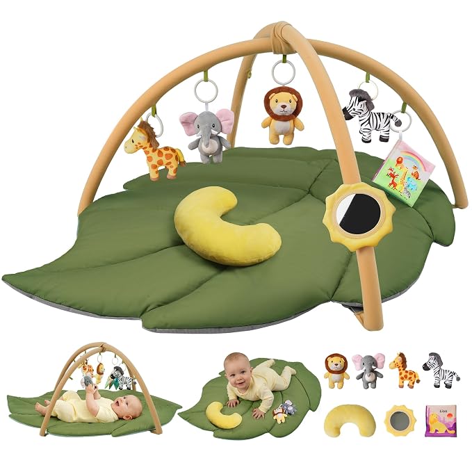 Baby Play Mat, 51.2 x 35.4 in Large Leaf Baby Play Gym for Infants, 1.5 in Thick Tummy Time Mat with 7 Detachable Sensory Toys, Mirror, Crinkle Book & Pillow, Newborn Baby Shower Gift