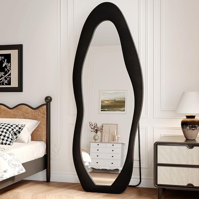 Full Length Mirror, 63"x24" Wavy Full Body Mirror Flannel | Flannel Floor Mirrors with Stand, Irregular Wavy Mirror Hanging or Leaning Against Wall for Bedroom Living Room, Black