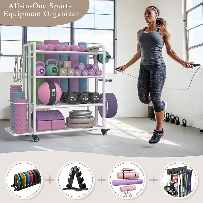 4-Tier Weight Rack for Home Gym with Wheels and Hooks | Adjustable Gym Storage Rack for Dumbbells Kettlebells Yoga Mat, All-in-One, Space Saving, Heavy Duty Steel, Easy to Assemble