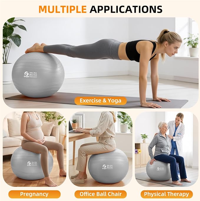 Gruper Yoga Ball, Extra Thick Non Slip Exercise Ball for Workout, Yoga, Pregnancy, 4 Sizes Anti Burst Chair for Home and Office, Includes Foot Pump & Fitness Guide