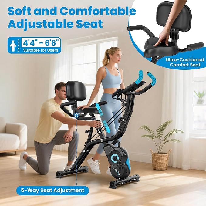 Foldable Exercise Bike, 8-Level Magnetic Stationary Bike for Home Gym | Quiet Indoor Workout Bike with Arm Resistance Bands, LCD Monitor, and 300 LBS Capacity for Full-Body Cardio Training