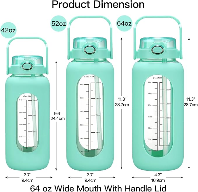 chunmo 64oz Glass Water Bolttles with Straw Half Gallon Large Motivational Water Bottle with Time Marker Sports Water Bottles with Silicone Sleeve and Handle Lid Water Jug for Gym Workout