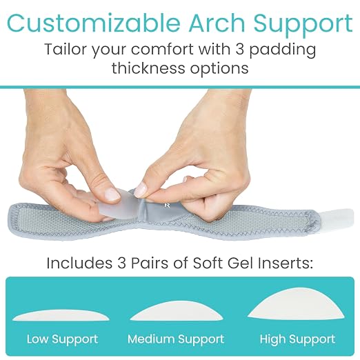Vive Foot Arch Support Brace (Pair) - Wrap Corrector for Flat Feet, Plantar | Fasciitis, Pain Relief, Fallen Arches - Compression Sleeve Strap, Gel Bands Inserts for Women & Men, Wear Under Socks (Gray)