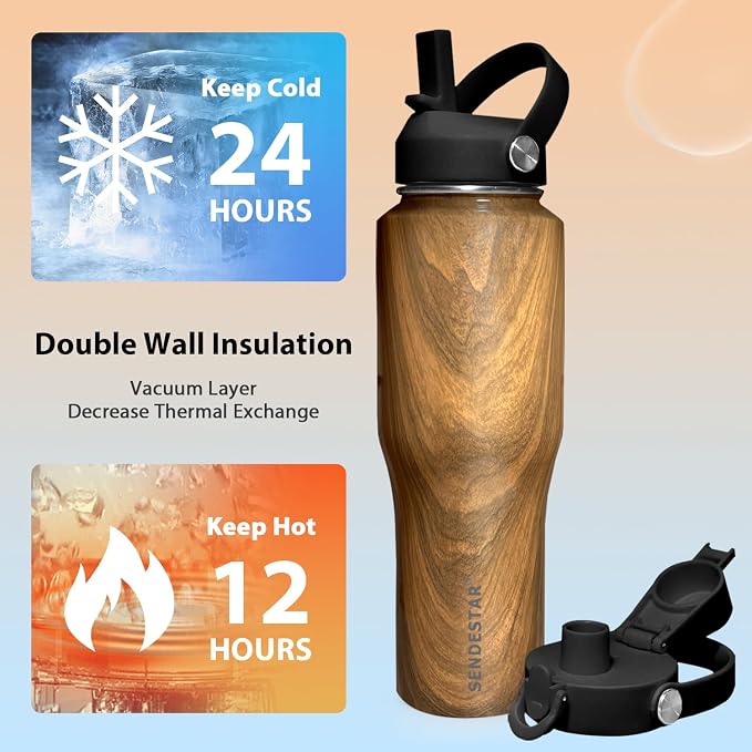 SENDESTAR 32oz Water Bottle Wide Mouth Stainless Steel Vacuum Insulated Double Wall with 2 Straw Lids Fit in Any Car Cup Holder