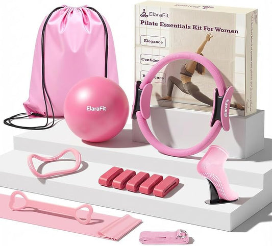 Home Pilates Ring and Ball Set for Women with 5 Resistance Bands 13 inch Magic Circle Workout Starter Kit for Beginners Full Body Toning 15 Min Daily Routine
