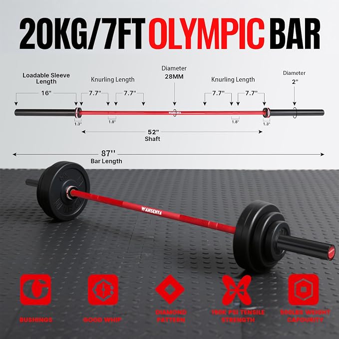 7FT Olympic Barbell 45lb,28MM 2 Inch Olympic Bar for No. 45 Steel,Olympic Weight Bars for Lifting,CrossFit,Bench Press,Deadlift,Squats,Strength Training bars