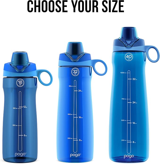 Pogo BPA-Free Plastic Water Bottle with Chug Lid, 40 Oz, Blue | Leakproof water bottle with chug lid and carry handle. BPA-free, great for travel, school, outdoors, and gym.