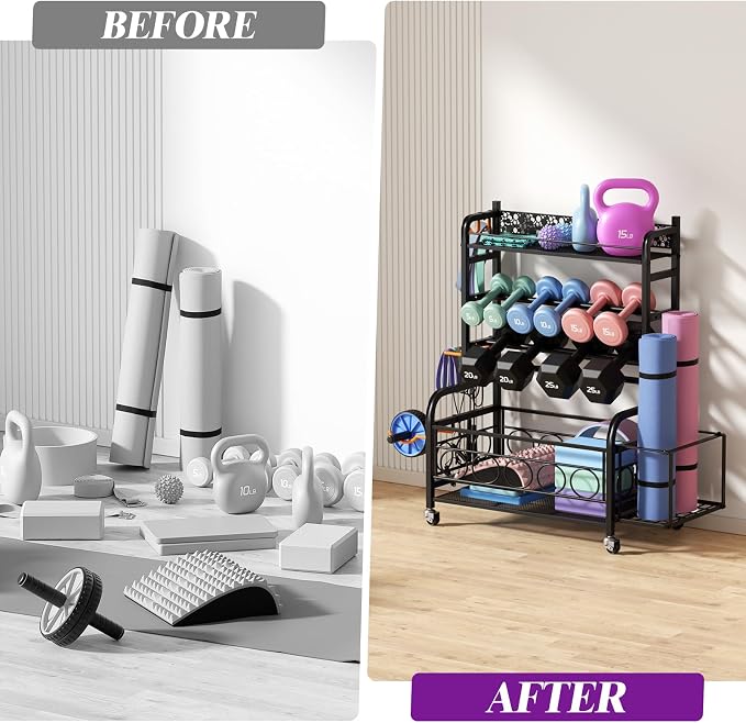 VOPEAK 3-Tier Dumbbell Rack with Wheels, Weight Rack for Home Gym Storage | Stores dumbbells, kettlebells & yoga mats. Lockable wheels for mobility. Sturdy steel frame, easy 15-min assembly