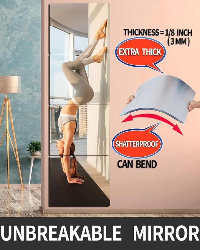 Unbreakable Full Length Wall Mirror Cheap,Over The Door Mirror,4 Pcs 16"x16",Shatterproof Plexiglass Acrylic,Plexiglass Makeup Mirror Long Mirrors for Bedroom Closet,Workout for Home Gym Bodyv