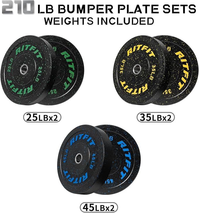 RitFit Bumper Plates, Colored Fleck-Rubber Weight Plates with Steel Insert, 2-inch Olympic Weight Plates for Weight Lifting and Strength Training