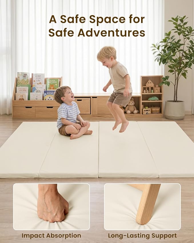 SEPARO Foldable Baby Play Mat,Vegan Leather 71x59 Baby Mat for Floor,Beige | Trifold Waterproof Playmat for Babies,Soft Foam Tumbling Mat,Wipe-Clean&Non-Slip Outdoor Mats,Playmate for Baby Tummy Time