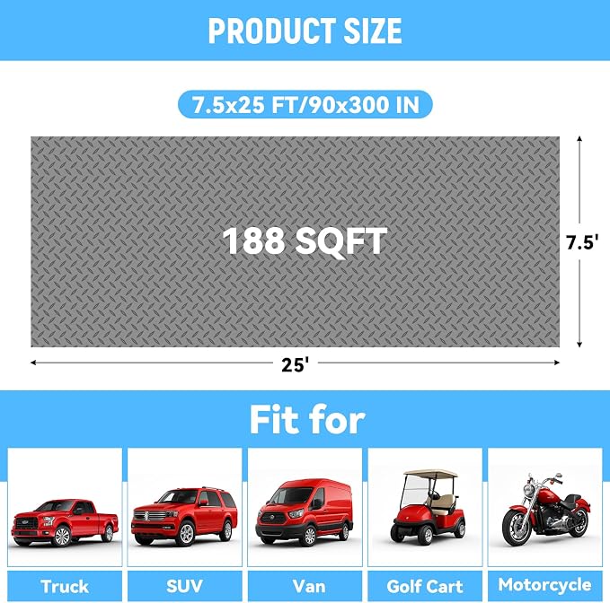 7.5x25 FT Garage Floor Mat, 2.8mm Thickened Diamond Plate | PVC Flooring Roll for Under Car/Garage/Warehouse/Basement/Gyms/Trailer, 188 SQFT Garage Mat, Tapes Included, Gray