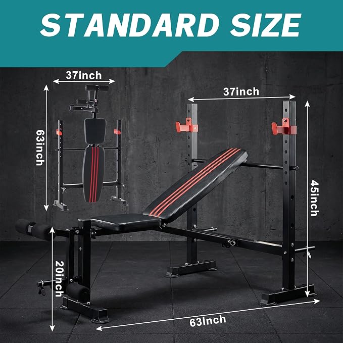 DUMOS Adjustable Weight Bench Set with Rack, 650LBS Foldable Bench Press | Easy Assembly Workout Set with Leg Extension Curl, for Indoor Exercise Home Gym