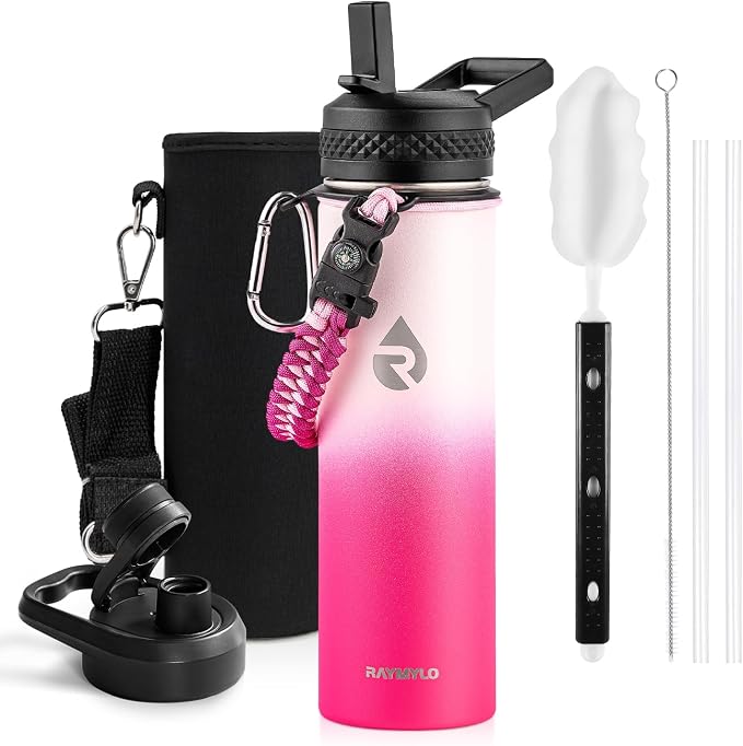 RAYMYLO Insulated Water Bottle 20 oz, Triple Wall Vacuum Stainless Steel | (Cold for 24Hrs, Hot for 12Hrs), Leak Proof & Non-BPA, Modern Water Bottle Jug for School with Straw Spout Lids