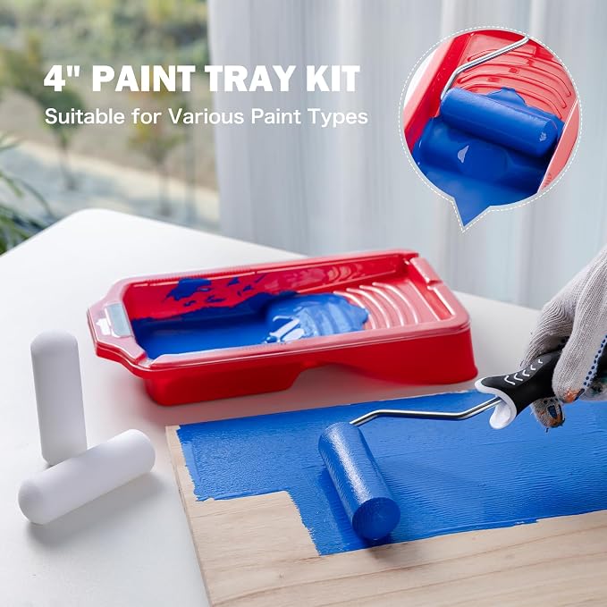 Mister Rui 4 Inch Foam Paint Roller Kit with Tray, Liners & Brush | High-Density Foam Rollers for Walls, Cabinets and Trim. Includes Magnetic Tray, Liners and Brush – Smooth, Streak-Free Finish