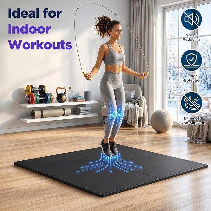 24 Sq Ft Rubber Top Gym Flooring for Home Gym, Black | 6 Tiles, High Density EVA Foam, Waterproof & Non-Slip Rubber, 0.4" Interlocking Puzzle Mats, Floor Protection, 24"x24"