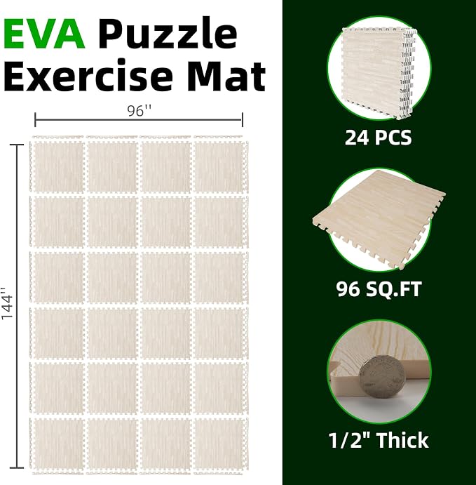 Art3d 24 Pack 24" x 24" EVA Interlocking Exercise Mats, 1/2" Thick Foam Puzzle Flooring for Workout, Gym Equipments, Training Areas, 96 Sq.FT, White Oak