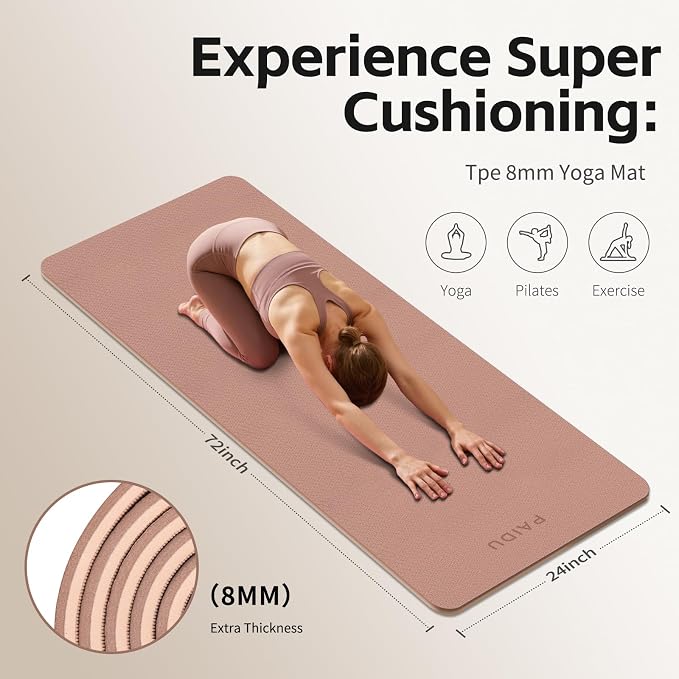 PAIDU Yoga Mat 8mm TPE Non‑Slip Fitness Mat with Strap for Home Workouts | SGS Certified, Odorless, Tear‑Resistant, Unisex, for Yoga, Pilates, Meditation, Home & Gym Workouts