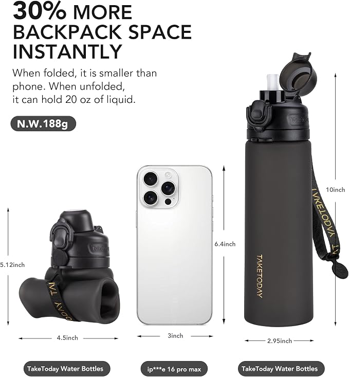 TakeToday Collapsible Water Bottles 21oz (600mL), Foldable Platinum Silicone Travel Water Bottle with Straw & Carry Strap, Leak-Resistant Screw Lid, Wide Mouth, BPA-Free for Hiking, Camping, Travel