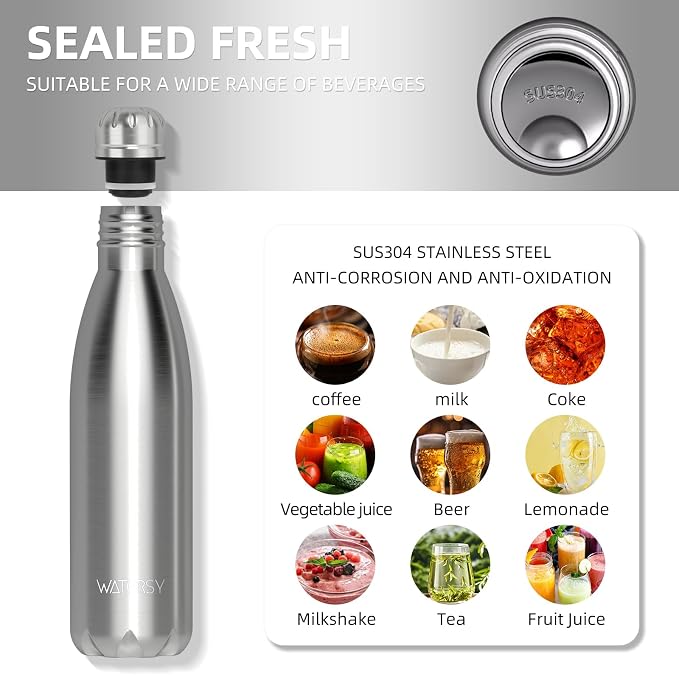 WATERSY Stainless Steel water bottles,17oz/500ml Insulated Water Bottle | Sliver metal water bottle Keeps Drink Cold and Hot,BPA Free kids water bottles for School,Gym,Travel,Sports