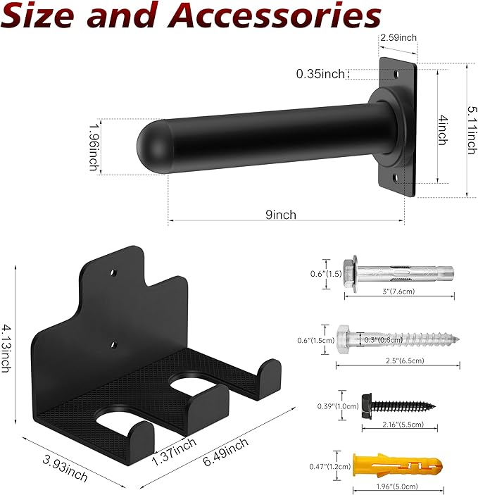 Wall Mounted Weight Plate Holder, 4 Pack, with 1 Pack Barbell Hanger | Fits 2" Weight Plates, Heavy-Duty Steel, Smooth End, Protective Rubber Pad, Space Saving for Home Gym Garage Organizer