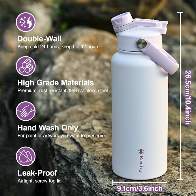 KEWIXY 32 oz Insulated Water Bottle, 2-in-1 Lid, Straw & Spout with Protected, Leak Proof, Keep Cold, Stainless Steel, Metal, Reusable, Handle, for Outdoor, Gym and School, 2 Lids, Pale Mauve