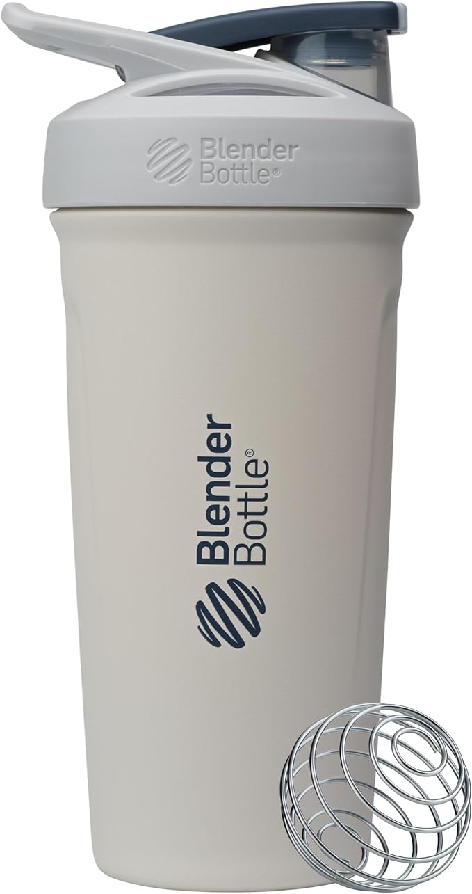 BlenderBottle Sport Shaker Cup Insulated Stainless Steel Water Bottle with Wire Whisk, 24-Ounce, Grey/White