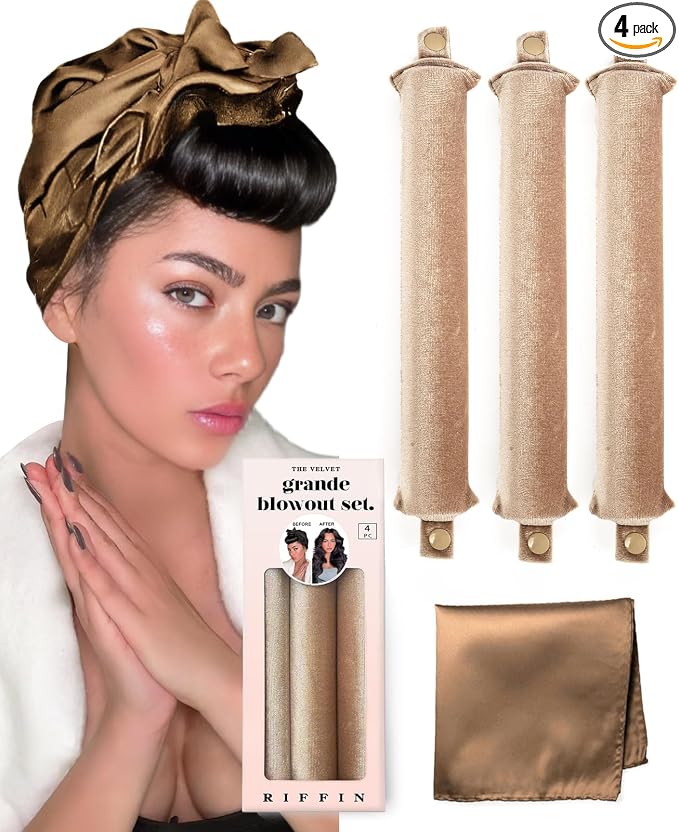 Grande Heatless Curls Overnight Rods - Upgraded Directional Grip Velvet - No Heat Hair Curlers to Sleep, Jumbo Large Hair Rollers Flexible Curling Rods Set for Long Thicker Coarser Hair Blowout Look