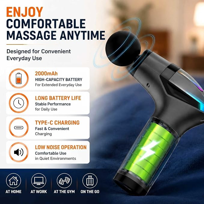 Massage Gun with Heat & Extension Handle, 12 Speeds, Detachable Design | Massage Gun with Warming Function, Adjustable 12 Speeds, Detachable Extension Handle, Portable Design for Home, Gym & Travel