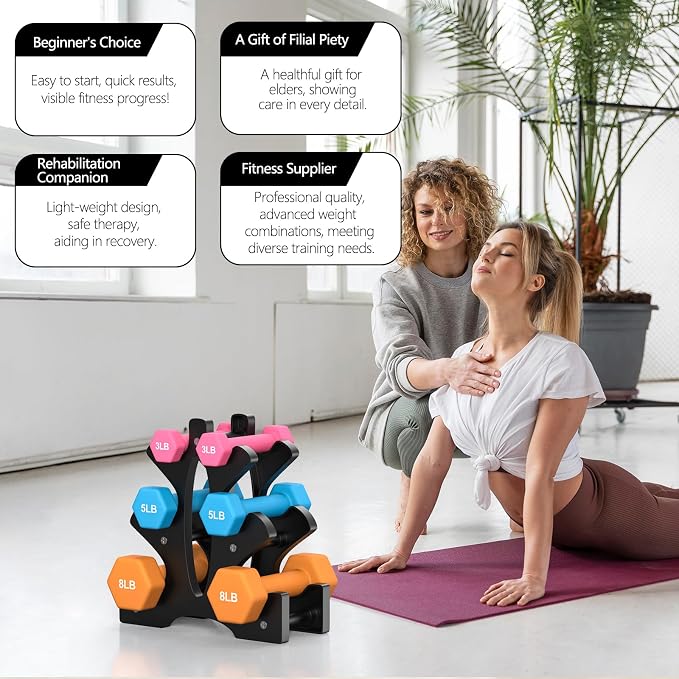 Portzon Dumbbells Neoprene with Non Slip Grip weight for Total Body Workout Compatible with of 2 Set,1-15 LB, Anti-Slip, Anti-roll, Hex Shape