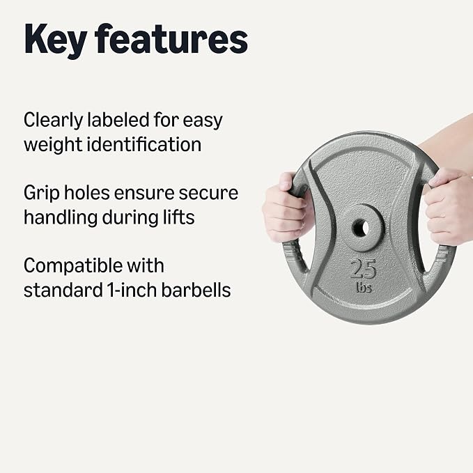 Amazon Basics 1-Inch Grip Weight Plates, Cast Iron, Strength Training, Home Gym
