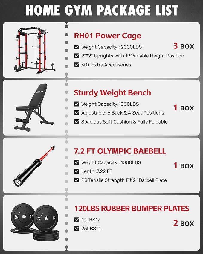 RH01 Power Cage Rack, 2000LBS Squat Rack with with Cable Crossover System&LAT Pull Down System, Multi-Function Workout Cage for Home&Garage Gym