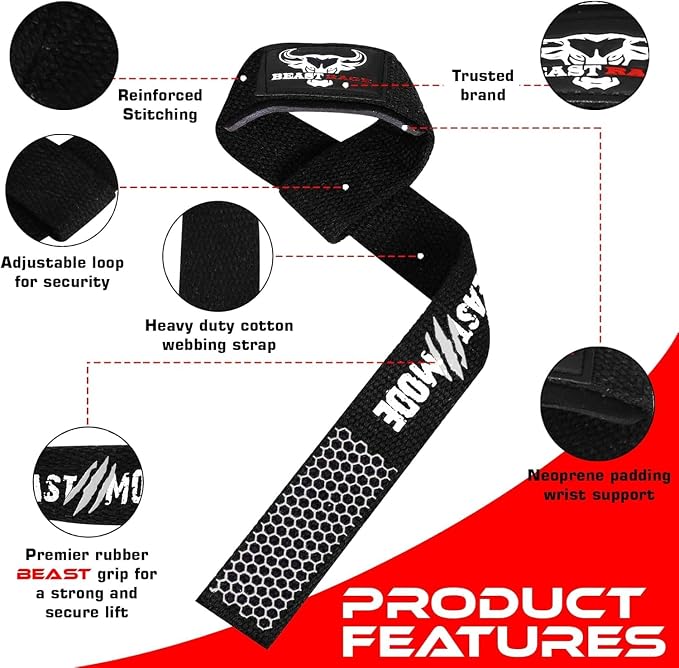 BEAST RAGE Lifting Wrist Straps for Weightlifting, Straps Gym Grip Power Workouts Lifting Straps Padded Neoprene & Premium Cotton Men Women, Deadlift Bodybuilding Exercise Lifting Straps