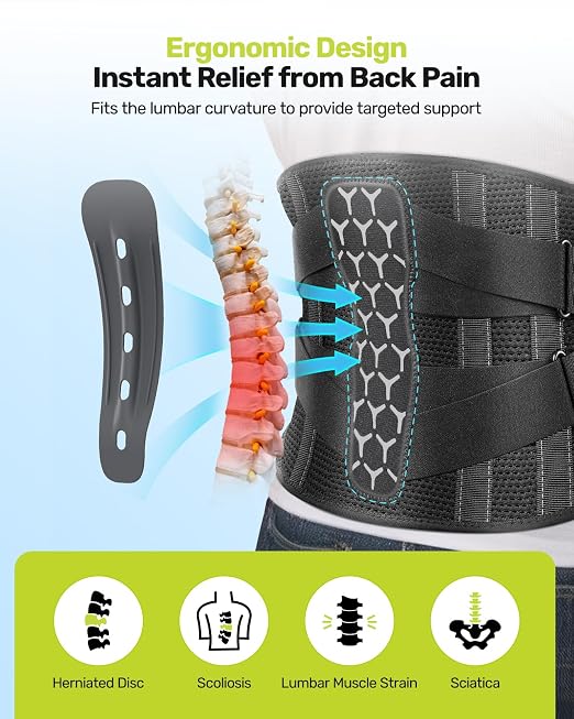 RAKIIE Back Brace for Lower Back Pain Women Men, Ergonomic Support Brace with Lumbar Pad, Adjustable Straps and Soft Breathable Mesh Fabric, Lumbar Support Belt Relief from Sciatica, Gray Size M (Waist: 33.5"-39.4")