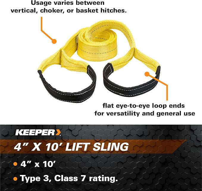 Keeper Performance Engineered Cargo and Load Lift Sling with Flat Loops - Type 3, Class 7 Rated Cargo Sling, 4” x 10’