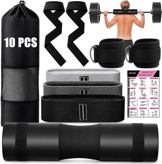 SINYWAY Barbell Pad Set for Squat,10 PCS Hip Thrusts Workout Foam Weight Lifting Bar Cushion with 2 Gym Ankle Straps,3 Hip Resistance Bands,2 Lifting Strap,Barbell Pad and Carry Bag