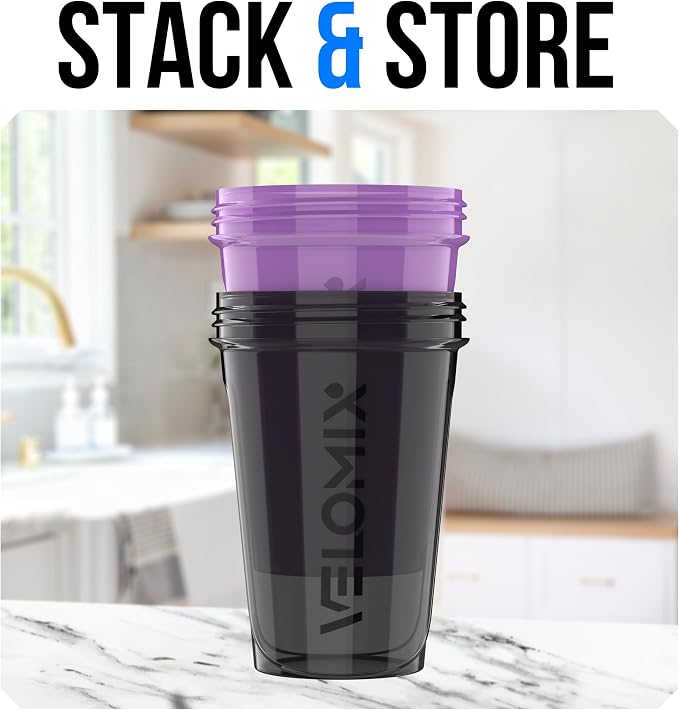 VELOMIX 2 Pack 20oz Protein Shaker Bottle for Protein Mixes, Purple/Black | 2x Wire Whisk, Leak Proof Shaker Cups for Protein Shakes, Stackable, Dishwasher safe, BPA free, Pre Workout and Gym ready