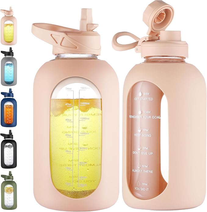 CIVAGO 64 oz Glass Water Bottle with Straw, Half Gallon Large Water Jug | Motivational, Time Marker, Leakproof Lids, Wide Mouth, Flask Cup with Handle and Silicone Sleeve, for Juices, Beige