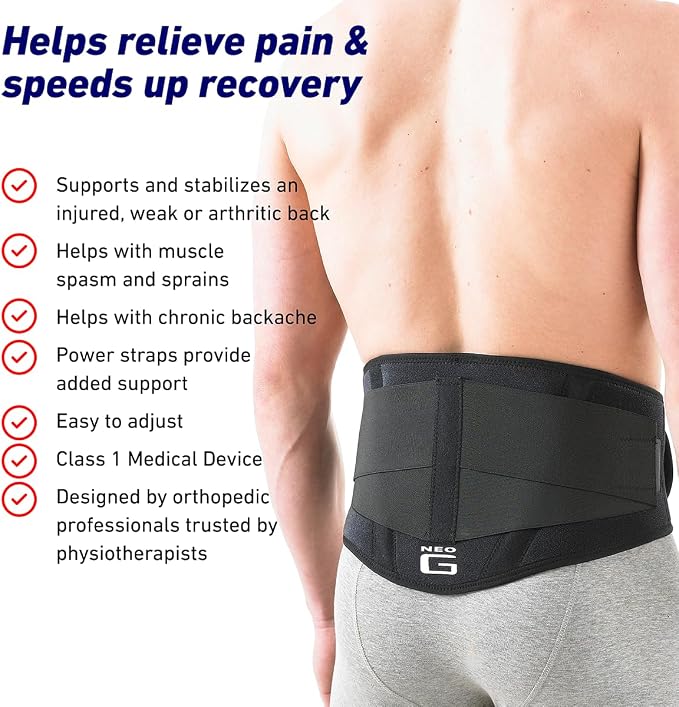 Neo G Back Brace with Power Straps - Support For Lower Back Pain, Muscle Spasm, Strains, Arthritis, Injury Recovery, Rehabilitation - Adjustable Compression - Class 1 Medical Device - One Size - Black