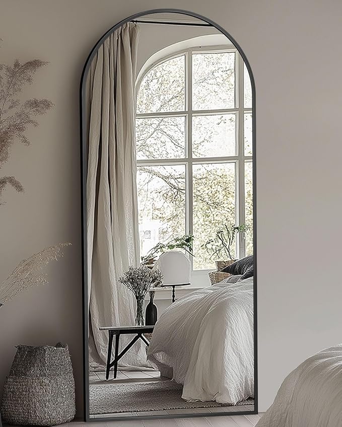 Full Length Mirror 58" L x 18" Full Body Standing Mirror for Bedroom, Living Room, Gym, Dorm - Shatter-Resistant & Easy Assembly, Arched Style Black