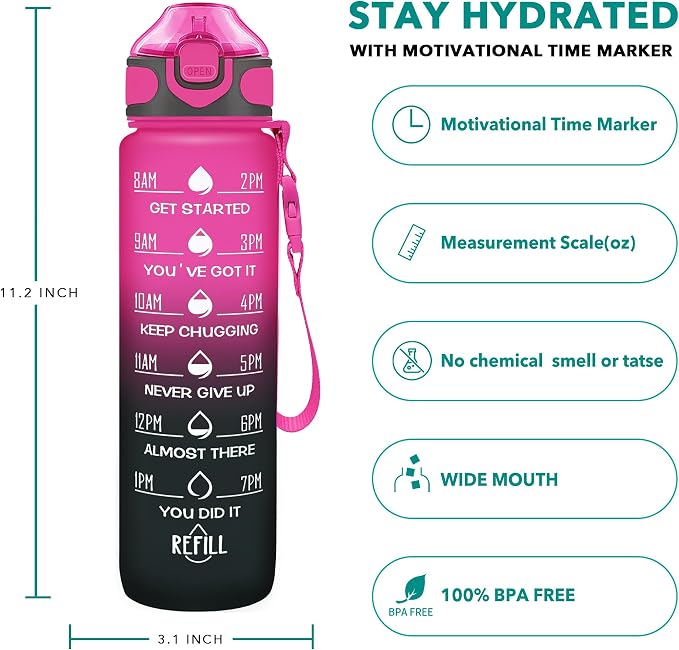 Enerbone 32 oz Drinking Water Bottle with Times to Drink and Straw, Motivational with Carrying Strap, Leakproof BPA & Toxic Free, Ensure You Drink Enough Water for Fitness Gym Outdoor