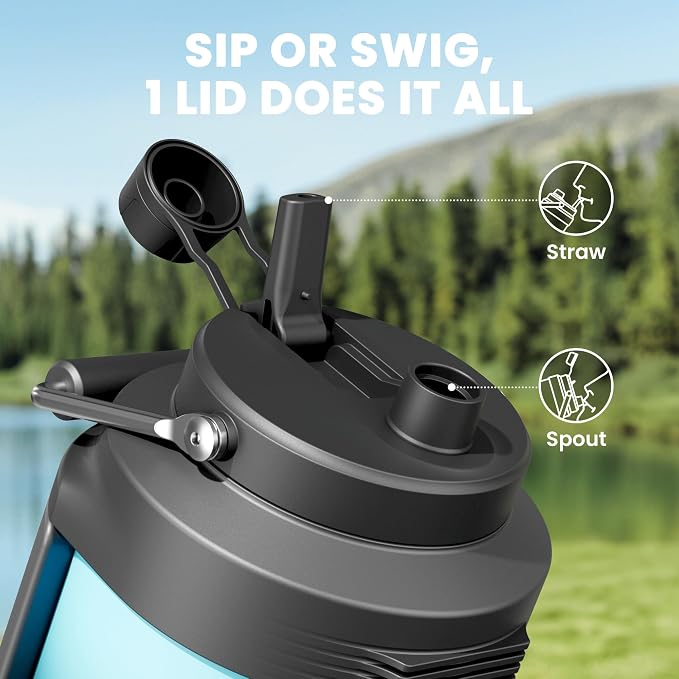 1 Gallon Insulated Water Bottle for Sports: Meoky 128 oz Triple Wall Vacuum Stainless Steel Water Jug - Top and Side Handles, Cold for 48 Hrs, 2-in-1 Straw and Spout Lid, Leak Proof for Hiking (Cyan)