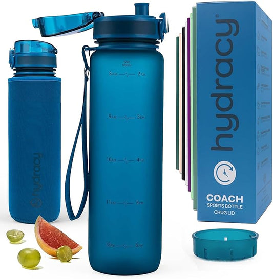 Hydracy Motivational Water Bottle with Time Marker & Fruit Infuser 32 oz | BPA-Free Tritan, Leakproof Flip-Top Lid,No-Sweat Sleeve,Carry Strap,Daily Intake Tracking for Gym,Sports,Outdoors