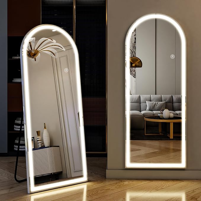 LED Arched Full Length Mirror with Lights 56"x20" | Lighted Floor Mirror with Dimming & 3 Color Lighting Aluminum Frame Standing Leaning or Hanging for Bedroom Cloakroom