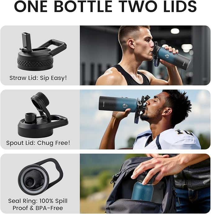 RAYMYLO Insulated Water Bottle 40 oz, Triple Wall Vacuum Stainless Steel | (Cold for 36Hrs, Hot for 18Hrs), Leak Proof & Non-BPA, Modern Water Flask Jug with Paracord Handle & Straw Spout Lids