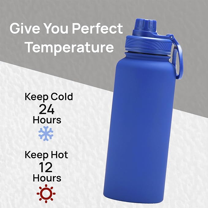 32 oz Insulated Metal Mens Water Bottle | Blue, Stainless Steel, 1 Liter, Leakproof, 2 Lids, Large Sports Water Bottle for Gym,Hiking
