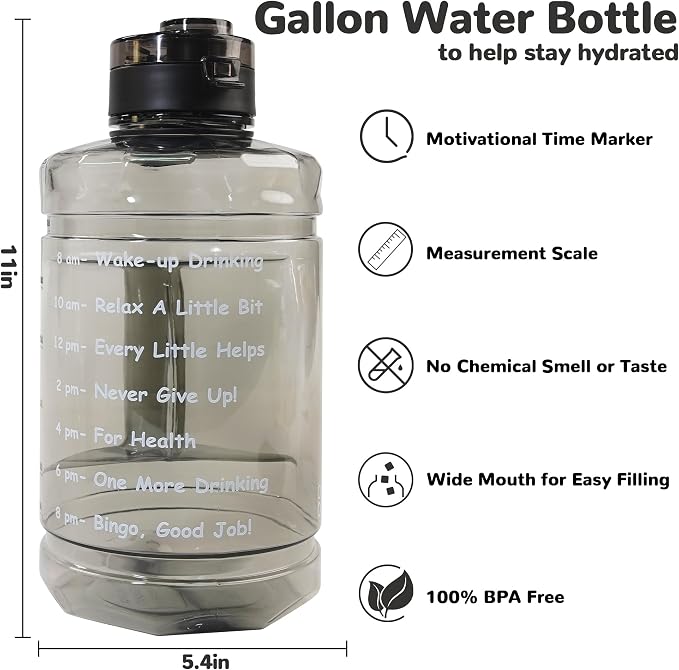 1 Gallon Water Bottle, Water Jug with Time Marker & Straw & Handle,2 Lids | BPA Free,Gallon Water Jug, Half Gallon water Bottle for Sport Gym Camping Workout Outdoors Yoga (Clear Black)