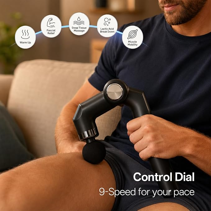brenzo Massage Gun with Extended Handle, Cordless Full Body Massager | 6 Speeds, 10mm Amplitude, 3200 R/min, Multiple Massage Heads
